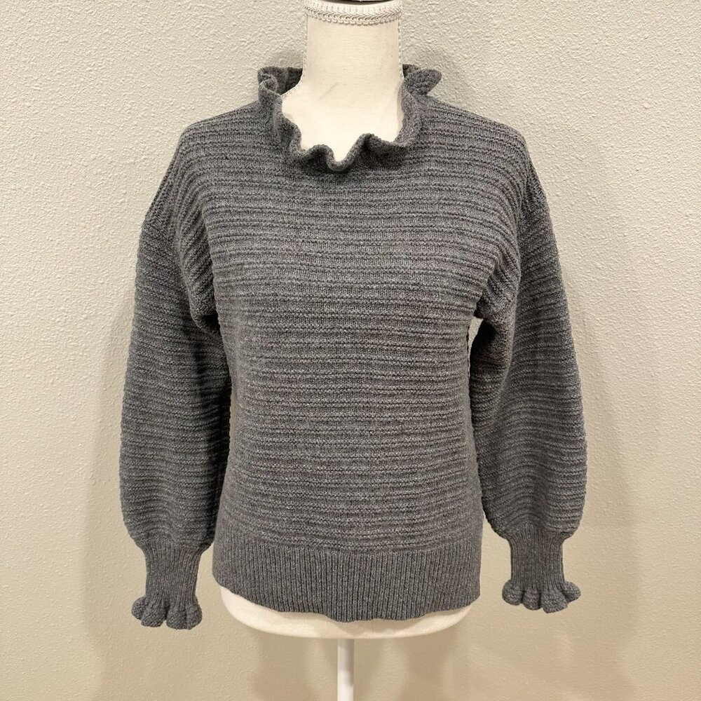 Madewell Textured Ruffle-Neck Pullover Merino Wool Sweater light grey Small